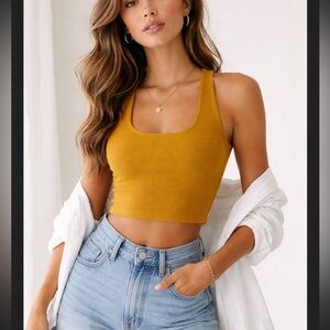 Pact Organic Cotton Ribbed Crop Tank XS Mustard Yellow Racerback Fitted